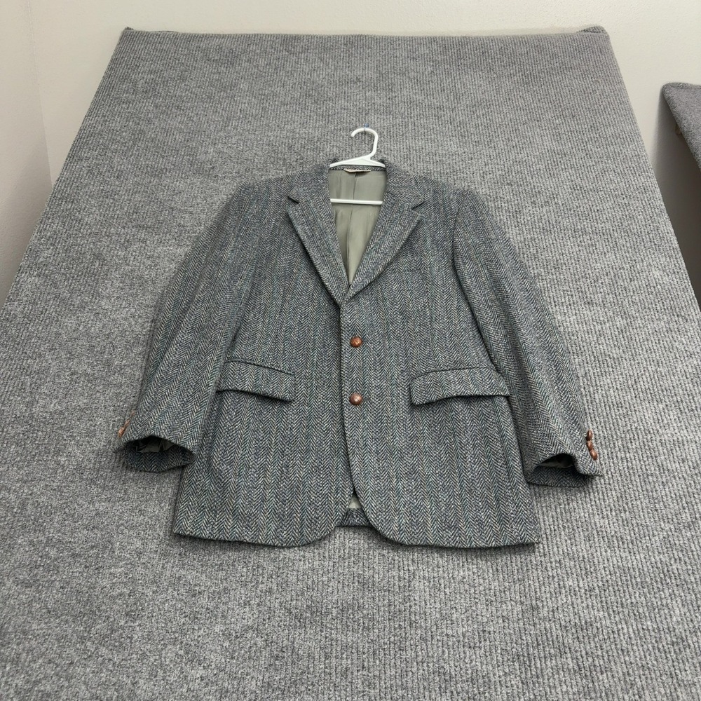 Vintage Harris Tweed Sport Coat Mens 40 Grey Blue Wool Herringbone Blazer Classy